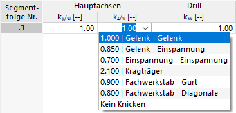 Dialog Box "New Effective Lengths", Selecting Effective Length Coefficient