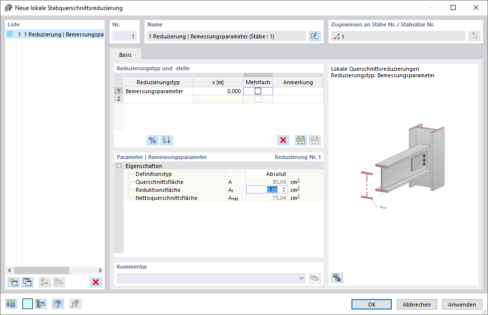 Dialog Box "New Member Local Section Reduction"