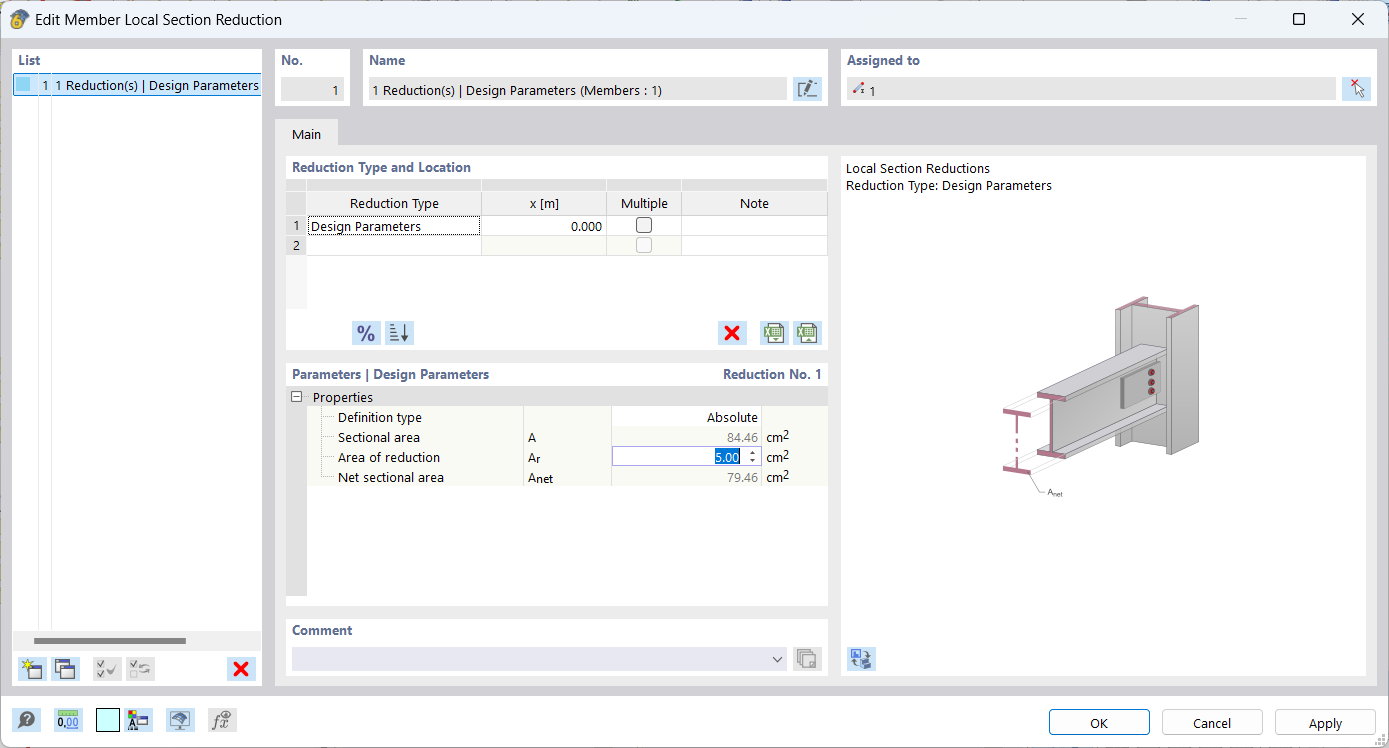 Dialog 'New Local Reduction of Member Cross-Section'