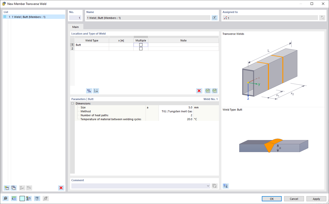 Dialog Box "New Member Transverse Weld"