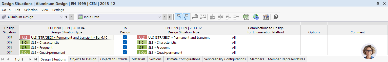 Input Table for Design Situations in Aluminum Design