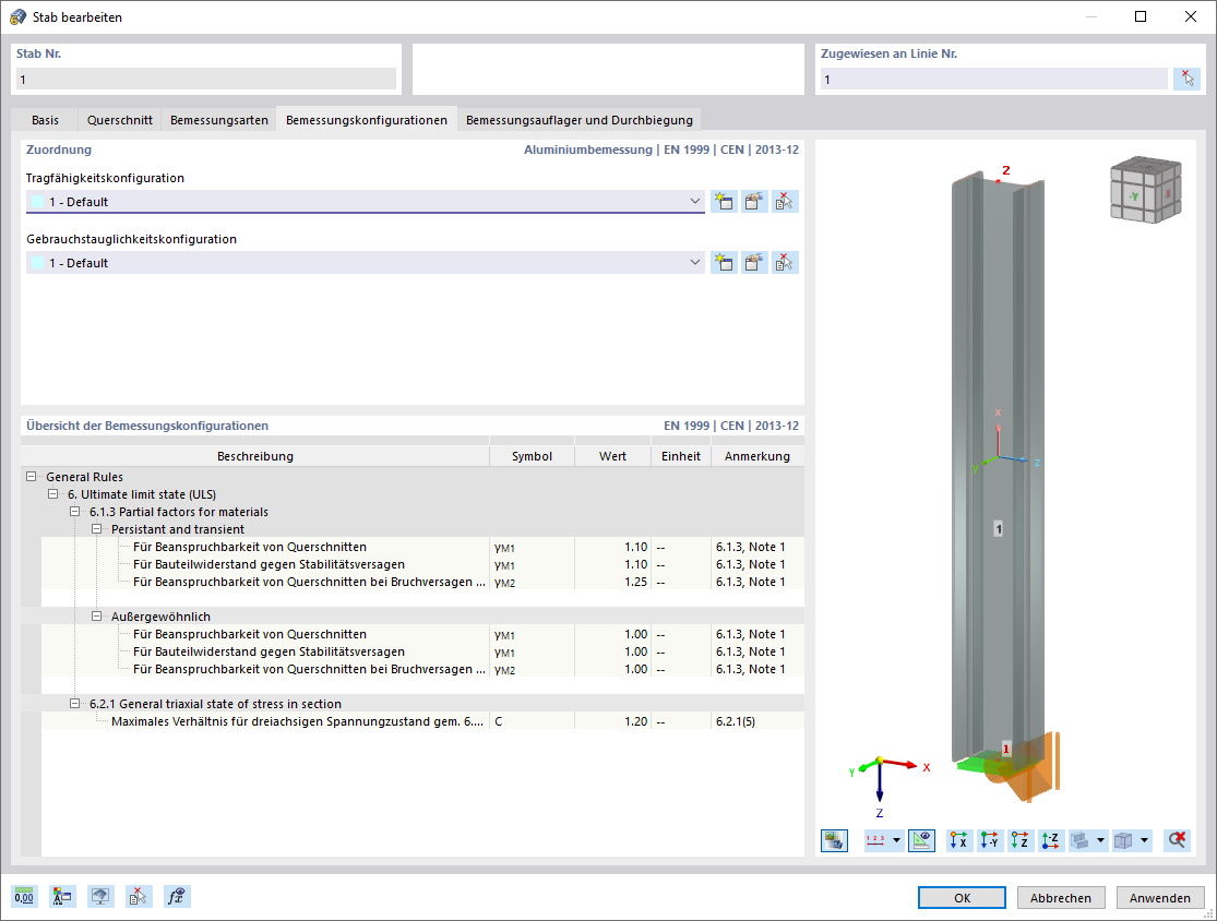 Dialog Box "Edit Member", Tab "Design Configurations" for Aluminum Design