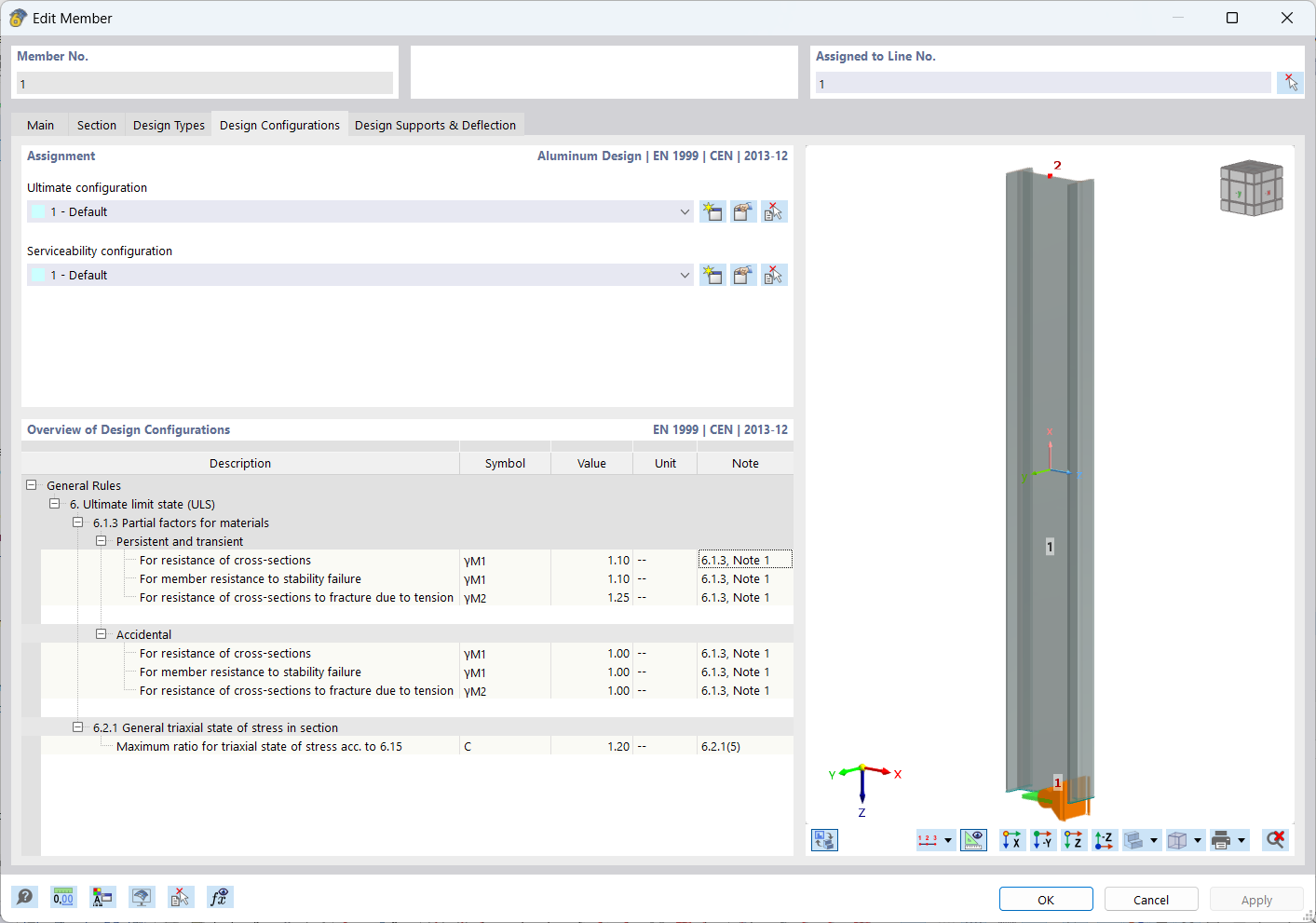 Dialog 'Edit Member', Tab 'Design Configurations' for Aluminum Design.