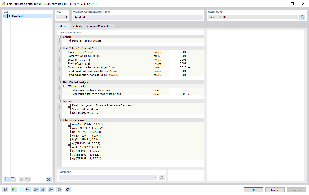 Dialog 'Edit Load-Bearing Capacity Configuration', Aluminum Design according to EN 1999