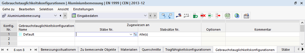 Input Table for Serviceability Configurations of Aluminum Design