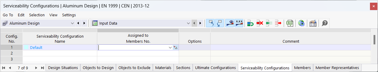 Input table for usability configurations of aluminum design