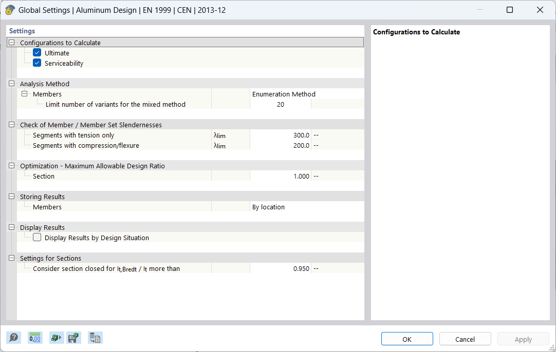 Dialog Box "Global Settings | Aluminum Design"