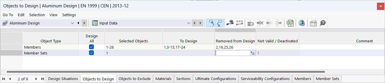 Input table for design objects in aluminum design