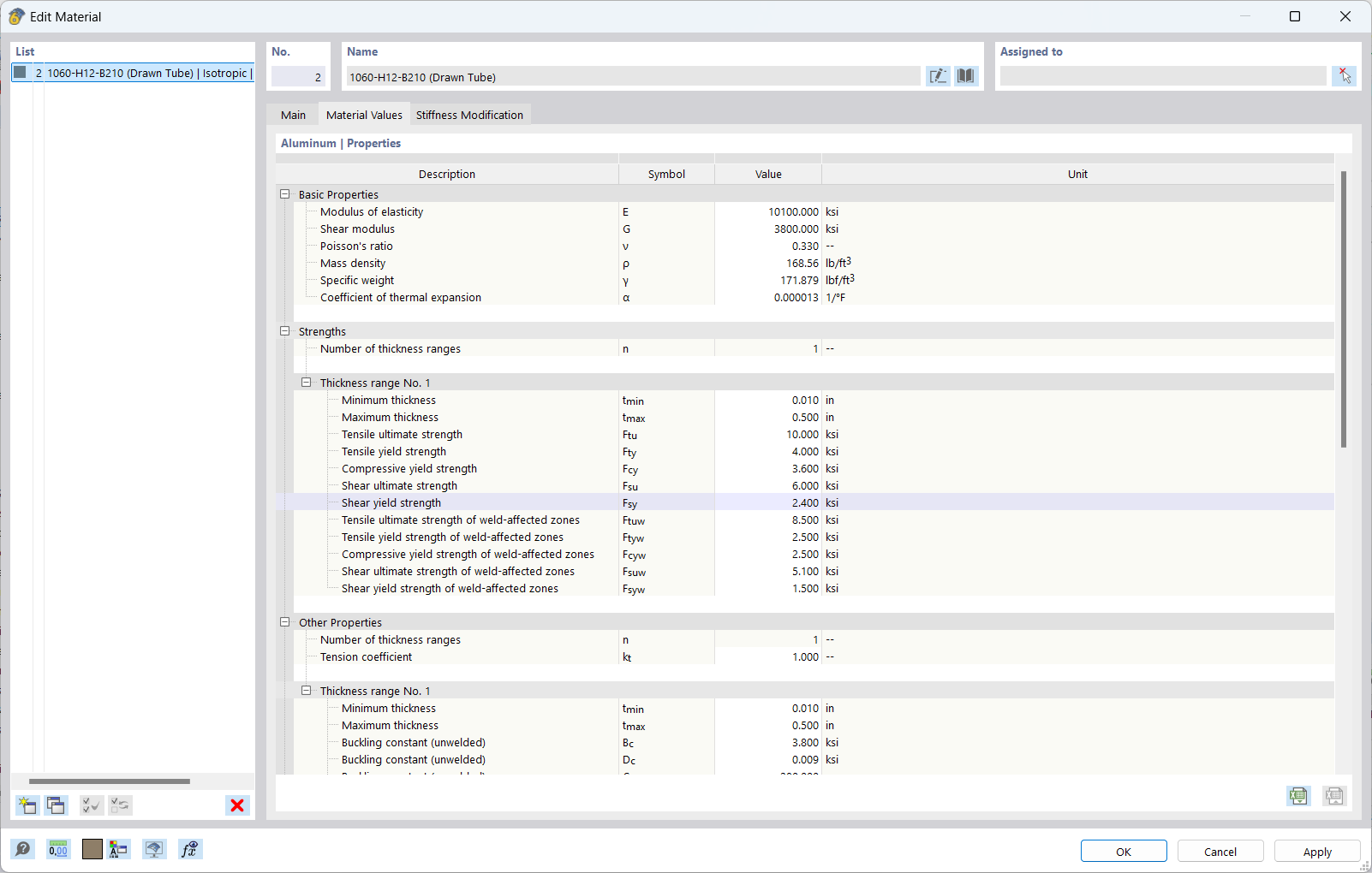 Dialog Box "Edit Material", Material Properties