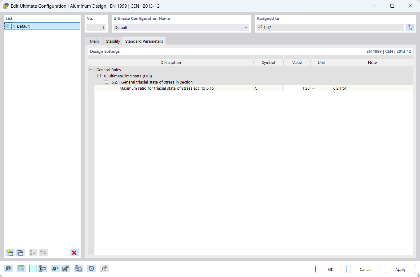 Dialog 'Load Capacity Configuration Edit', Tab 'Standard Parameters'