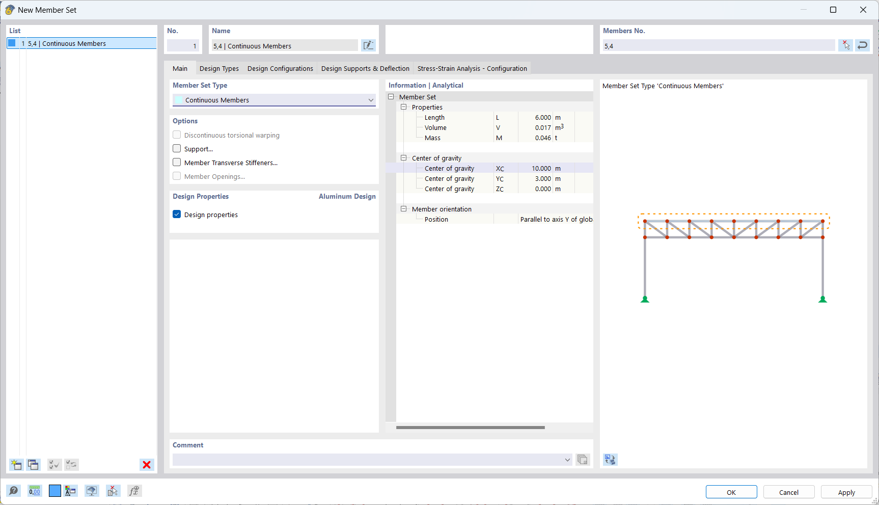 'Edit Section' dialog, design properties for aluminum design activated