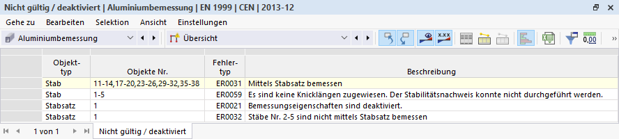 Result Table Not Valid / Deactivated in Aluminum Design