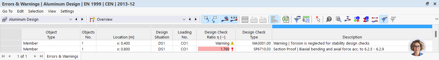 Result Table Errors & Warnings in Aluminum Design