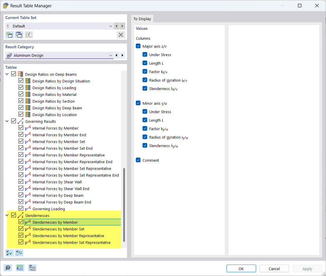 Result Table Manager for Aluminum Design, Slenderness