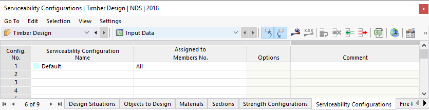 Input Table for Serviceability Configurations of Timber Design