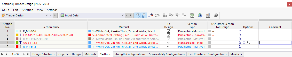 Input Table for Cross-Sections in Timber Design