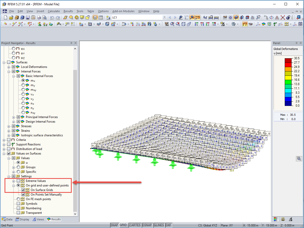 FAQ 005160 | I have activated values on surfaces in grid points, but only get the extreme values displayed. How can I display all values in all grid points as