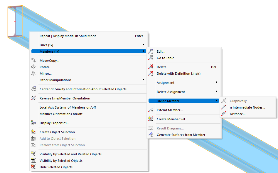 Dividing Member via Shortcut Menu