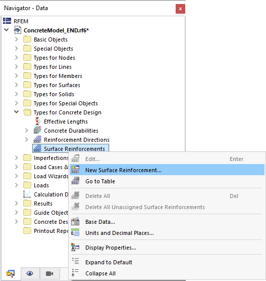 Defining Surface Reinforcement via Navigator Shortcut Menu