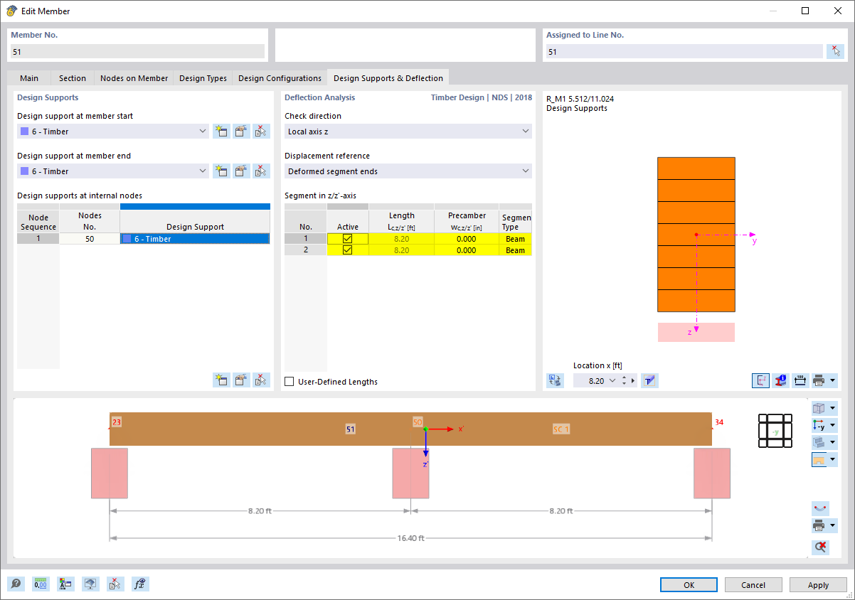 Definition of Segments for Deformation Analysis | With Design Support at Intermediate Node