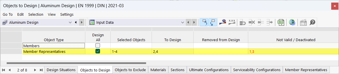 Input Table for Objects to Designed in Aluminum Design