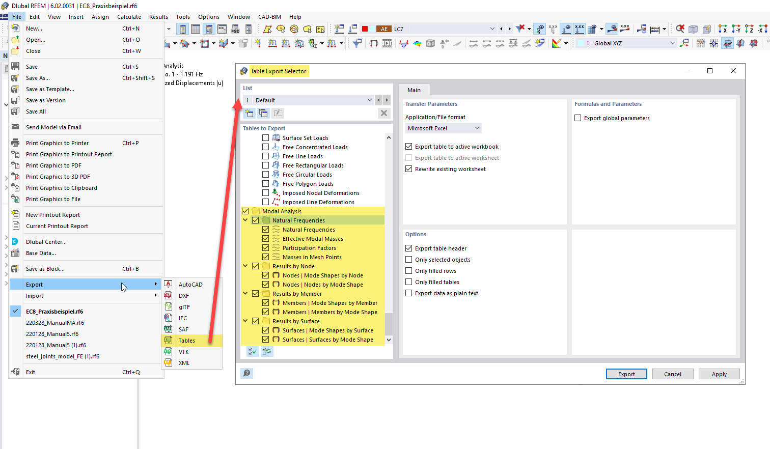 Selecting Tables for Export