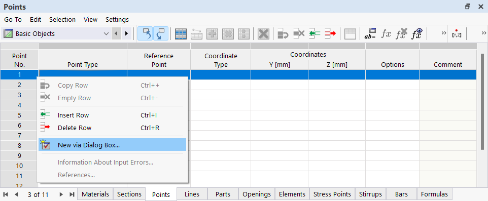 Shortcut Menu in Table