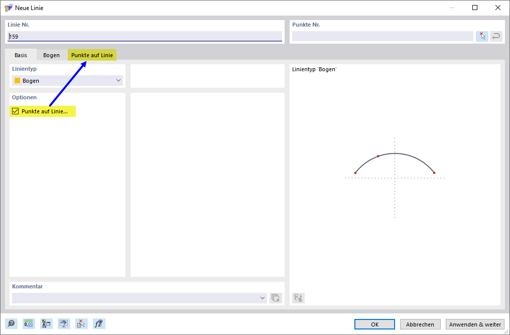 Input dialog 'New Line' with tab for selected option 'Points on Line'