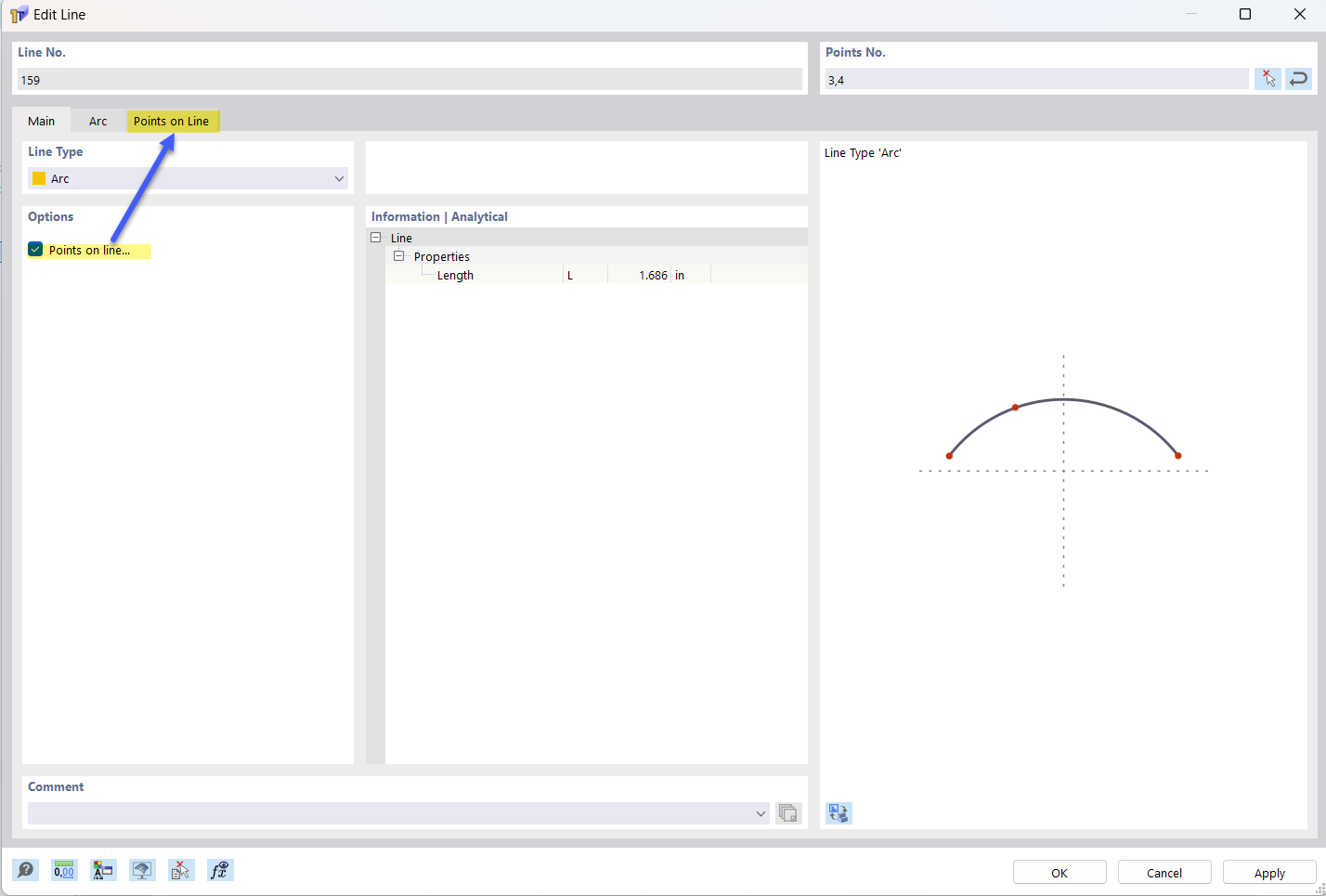 Input Dialog Box "New Line" with Tab for Selected Option "Points on Line"