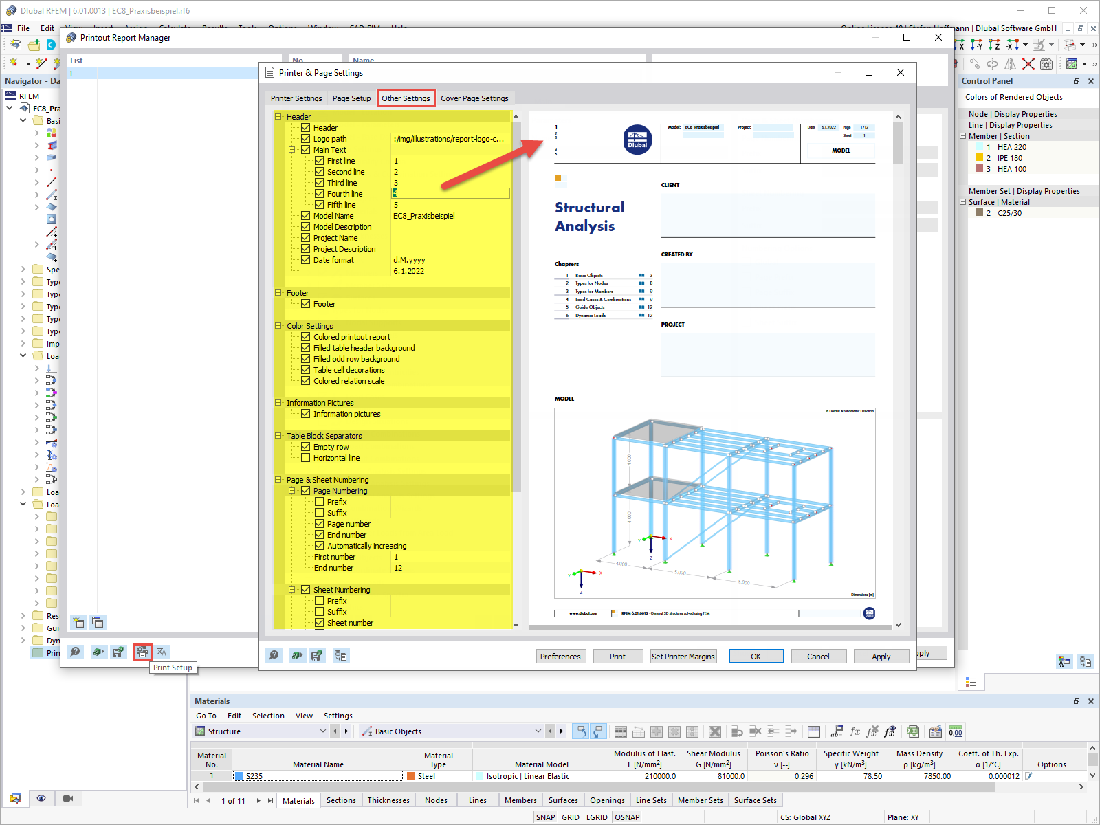 FAQ 005172 | Is it possible to adjust the layout (for example, the header) in the printout report in RFEM 6 / RSTAB 9?