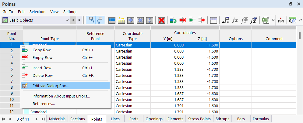 Shortcut Menu in Table