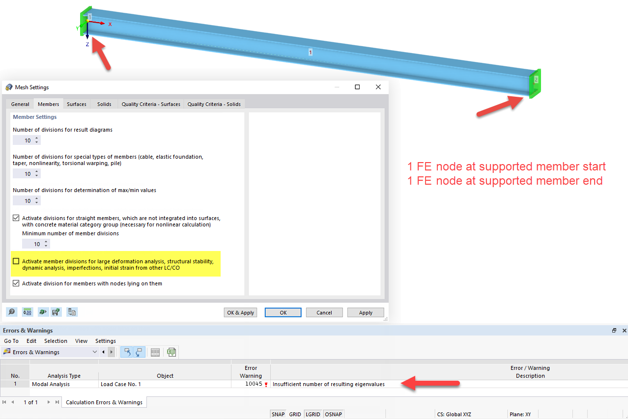 Incorrect Eigenvalues with Only One FE Node per Member End