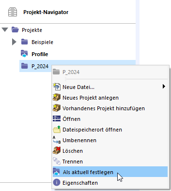 Opening Shortcut Menu of Project