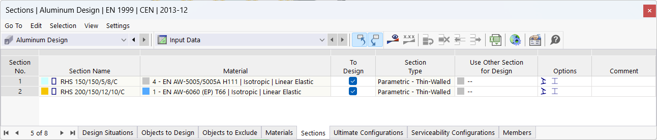 Input table for cross-sections in aluminum design