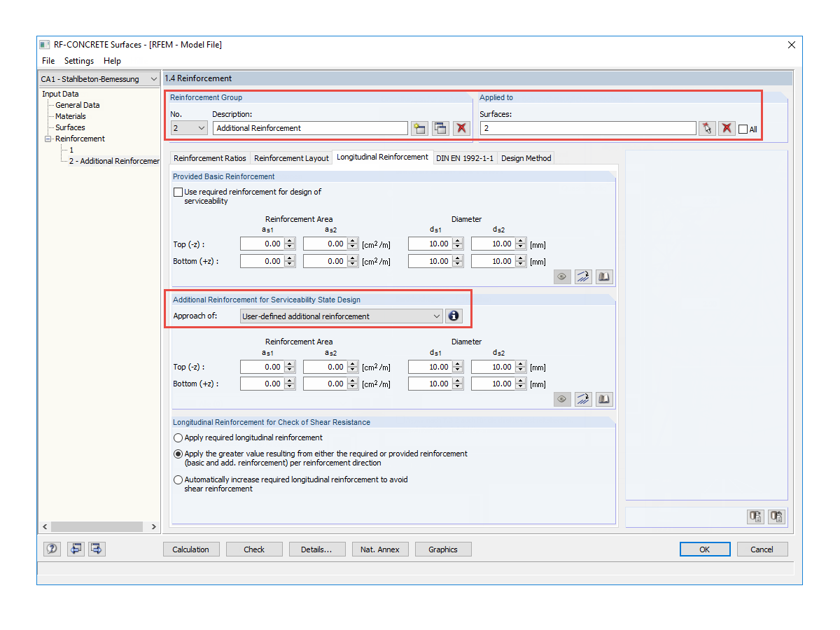 FAQ 005193 | Is it possible to only define the user-defined additional reinforcement in certain areas of a surface in RF‑CONCRETE Surfaces, while the rest