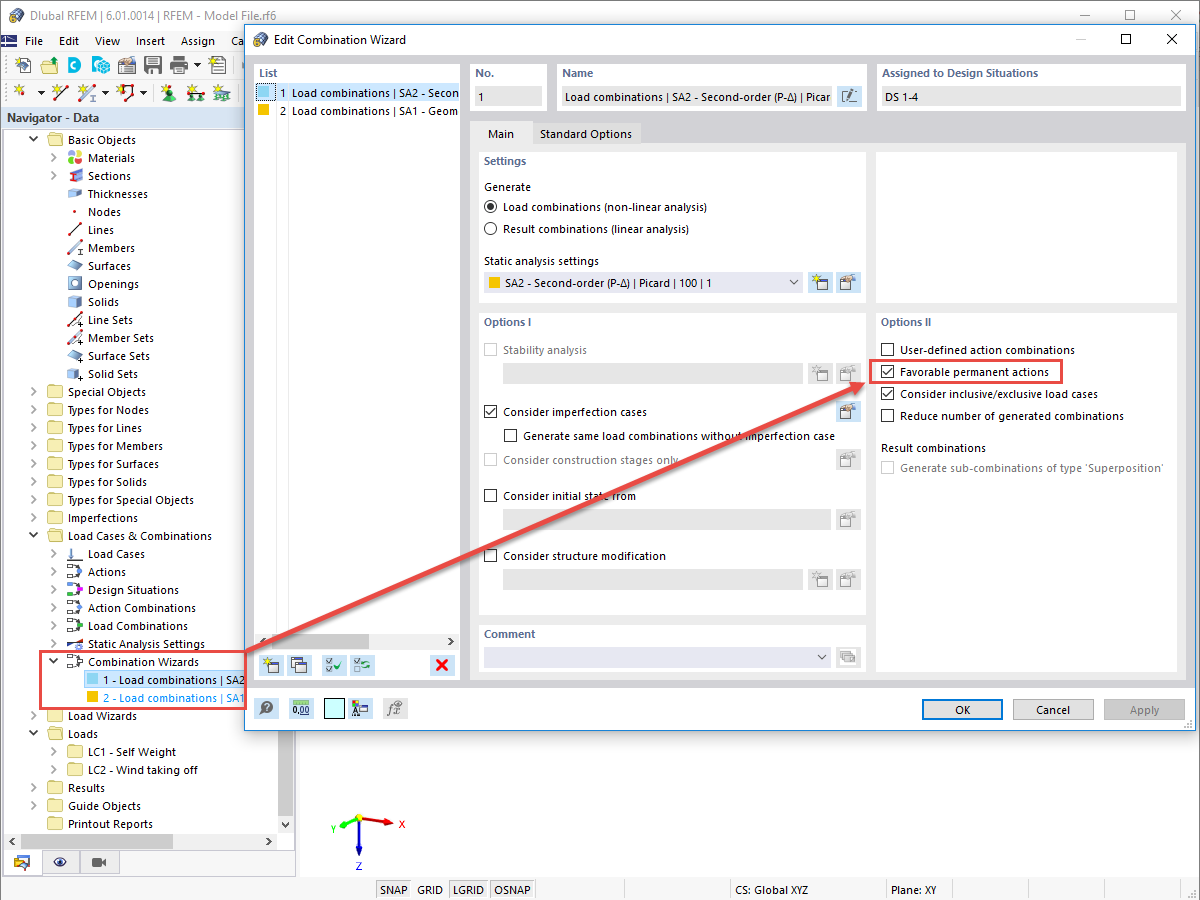 FAQ 005198 | Where can I activate the "Favorable permanent actions" option in RFEM 6 and RSTAB 9 in order to combine the self-weight in the ultimate limit state