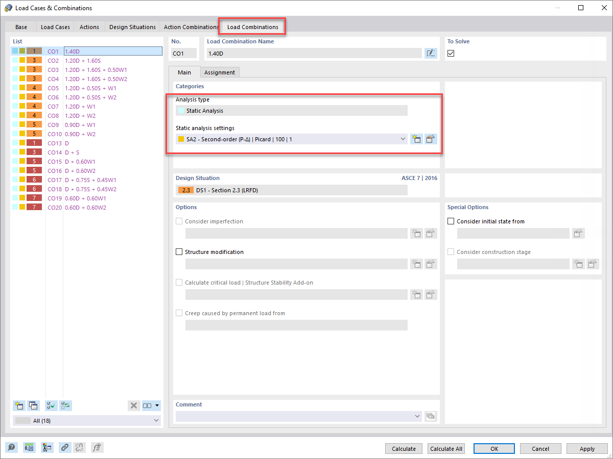 Second-Order Static Analysis Settings for Load Combinations