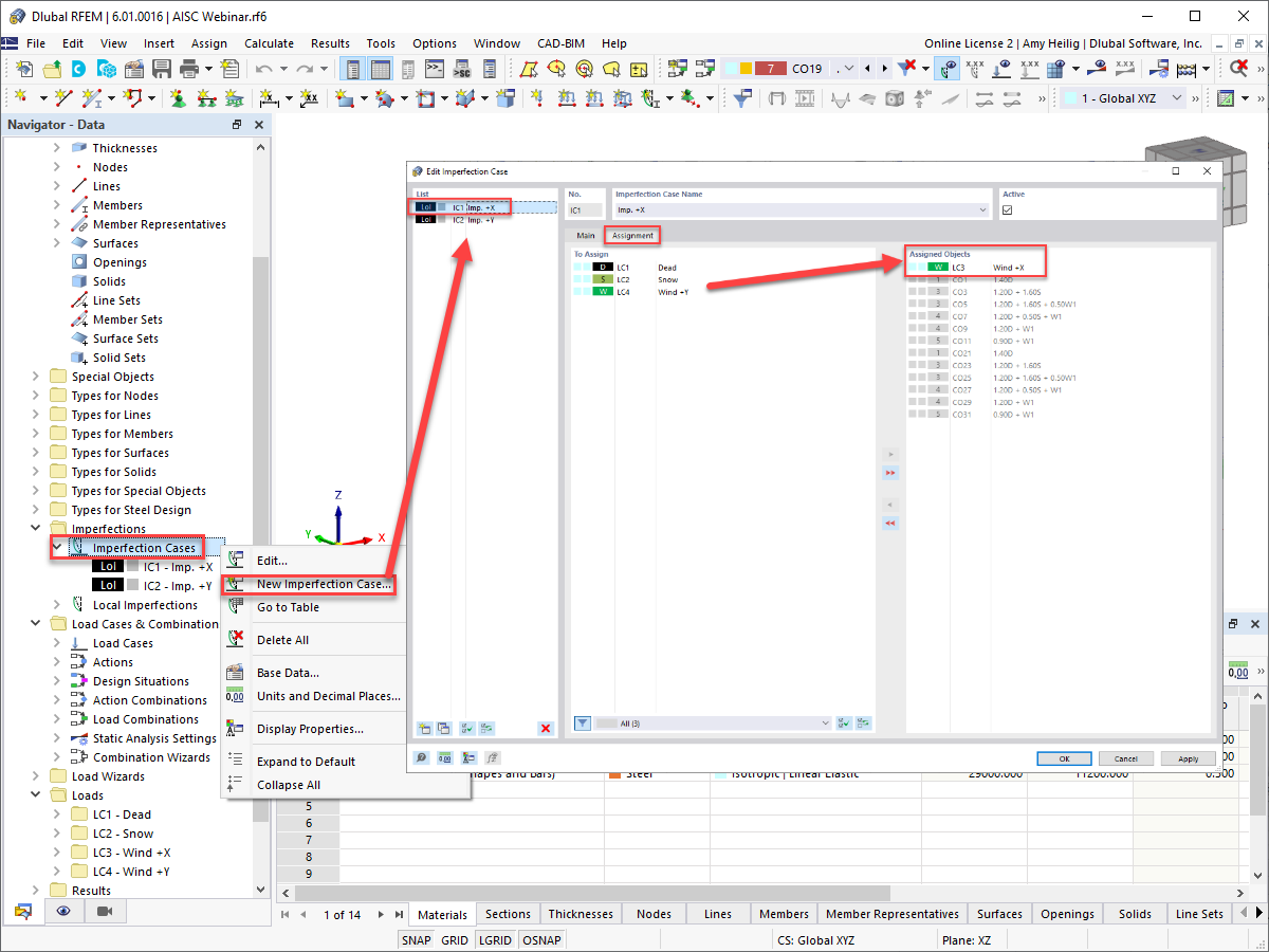 Imperfection Case and Load Case Assignment