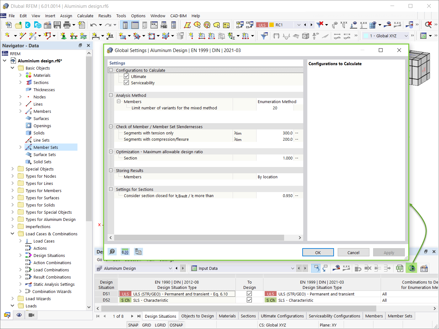 Global Settings for Aluminum Design