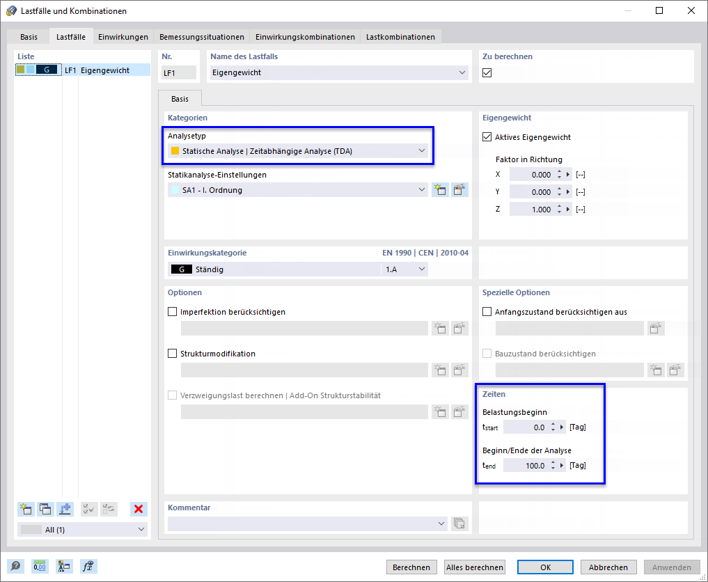 Defining Analysis Type "Time-Dependent Analysis (TDA)" and Load Case Times