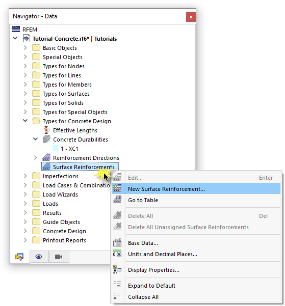 Shortcut Menu "Surface Reinforcements"