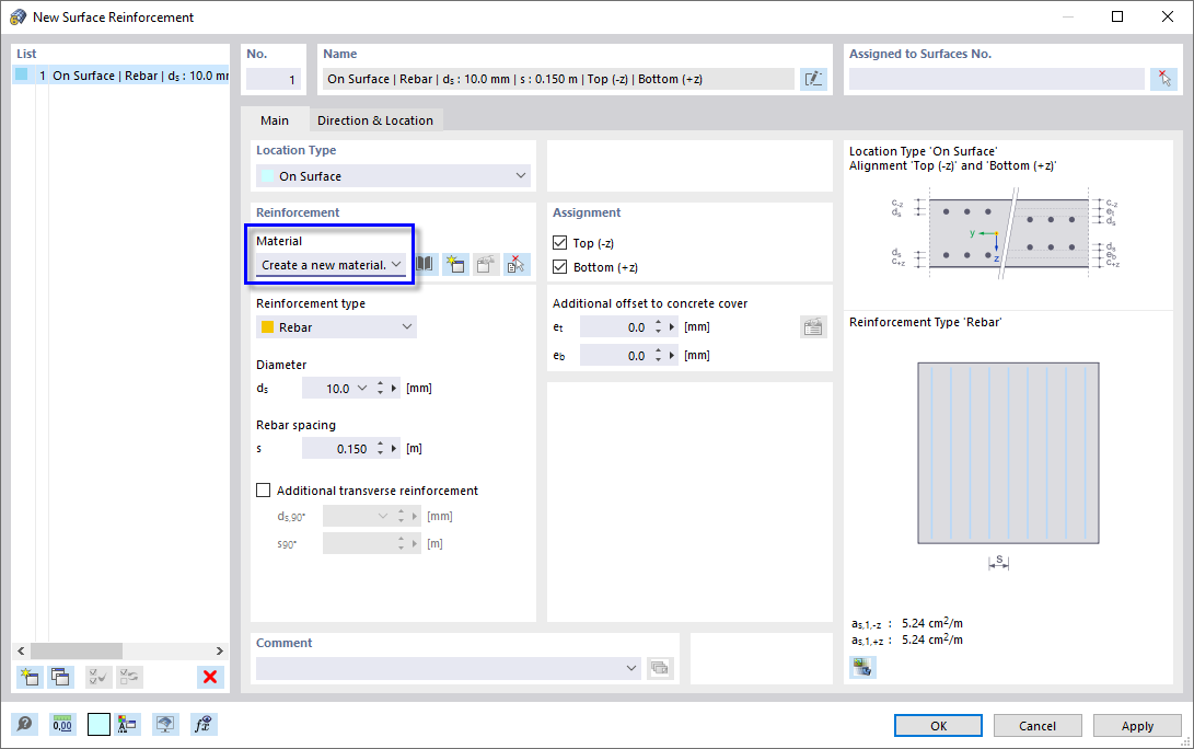 Dialog Box "New Surface Reinforcement"