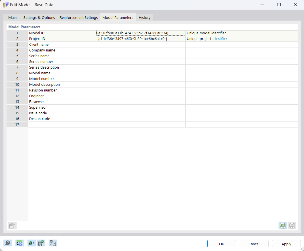 Dialog Box "New Model – Base Data", Tab "Model Parameters"