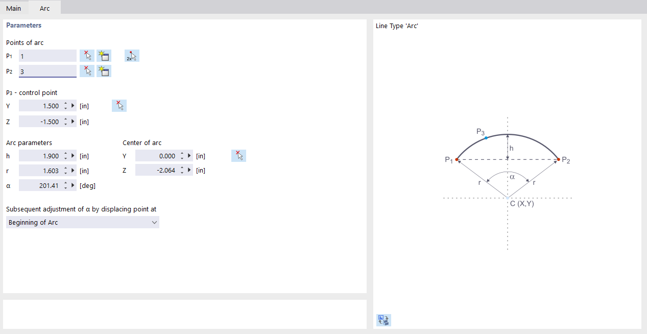 Dialog Box "New Line", Tab "Arc"