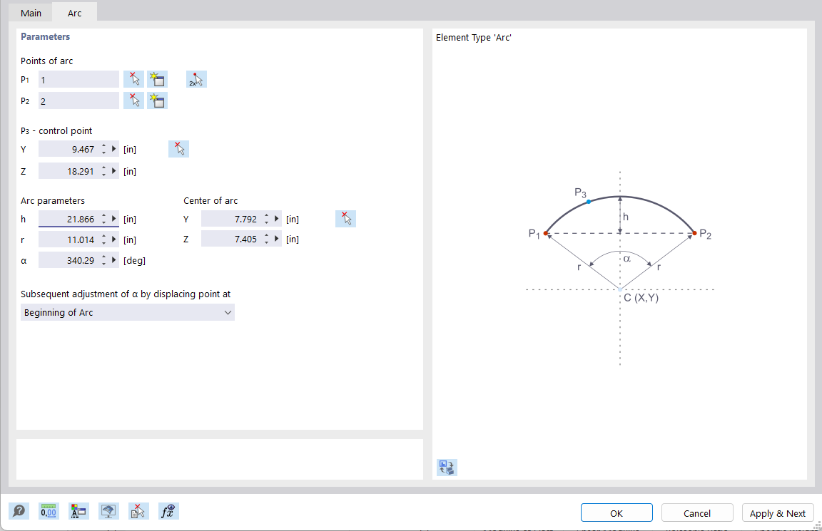 Dialog Box "New Element", Tab "Arc"