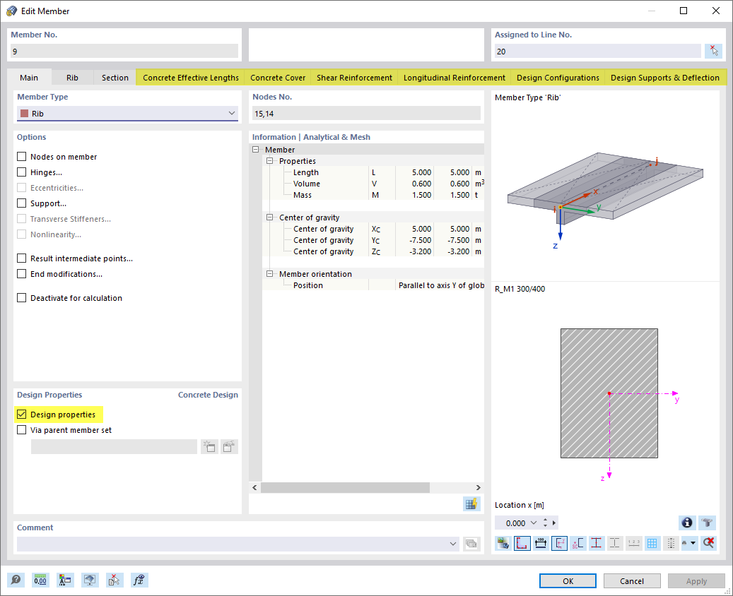 Design Properties Activated for Downstand Beam