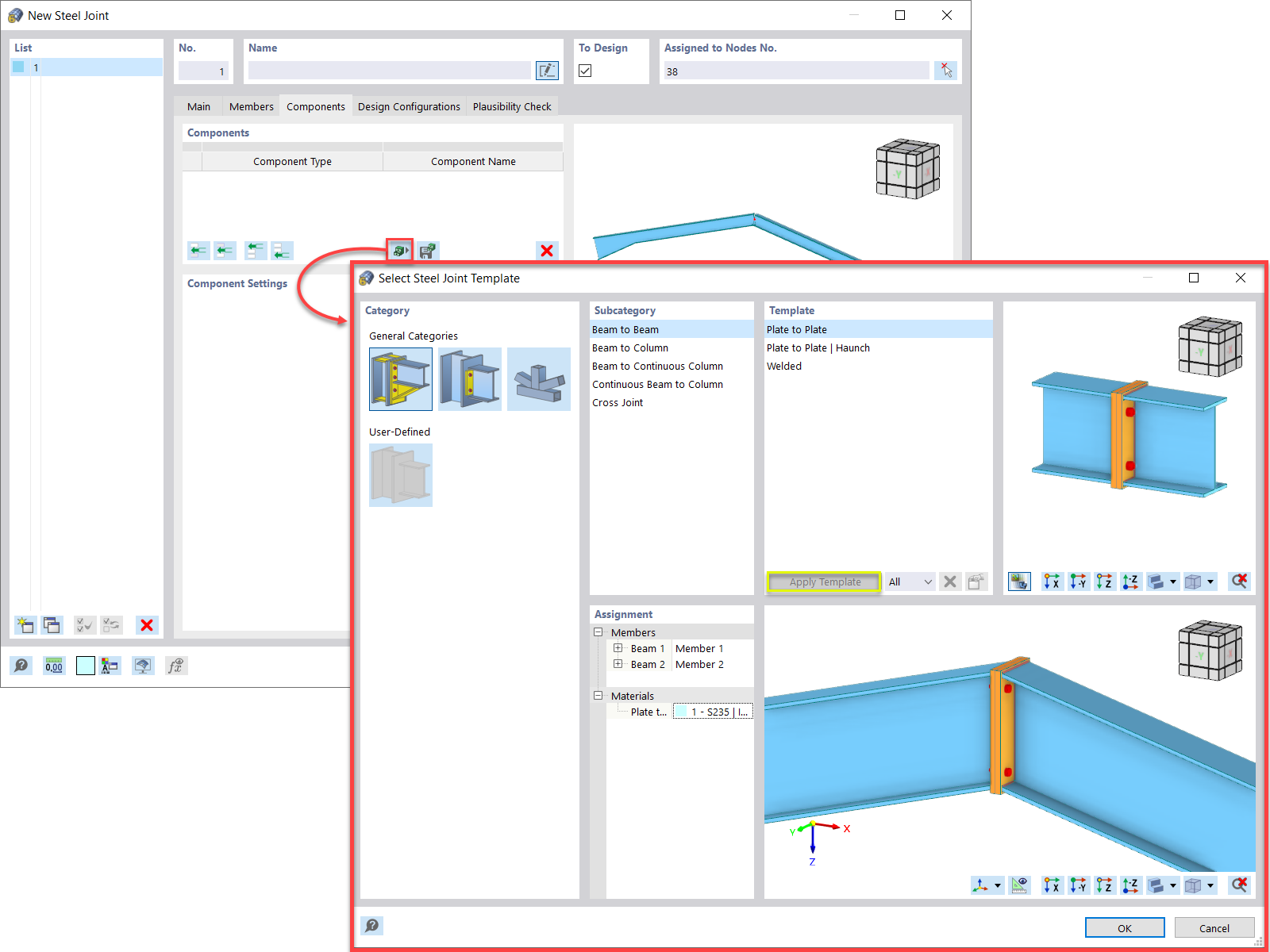 Selecting Steel Joint Template from Library