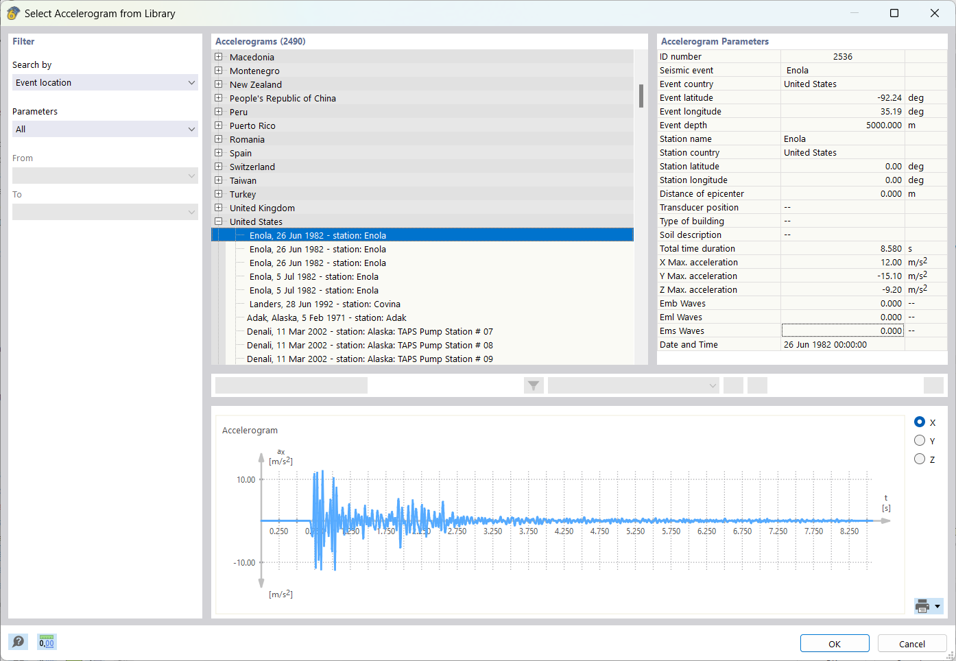 Selecting Accelerogram in Library