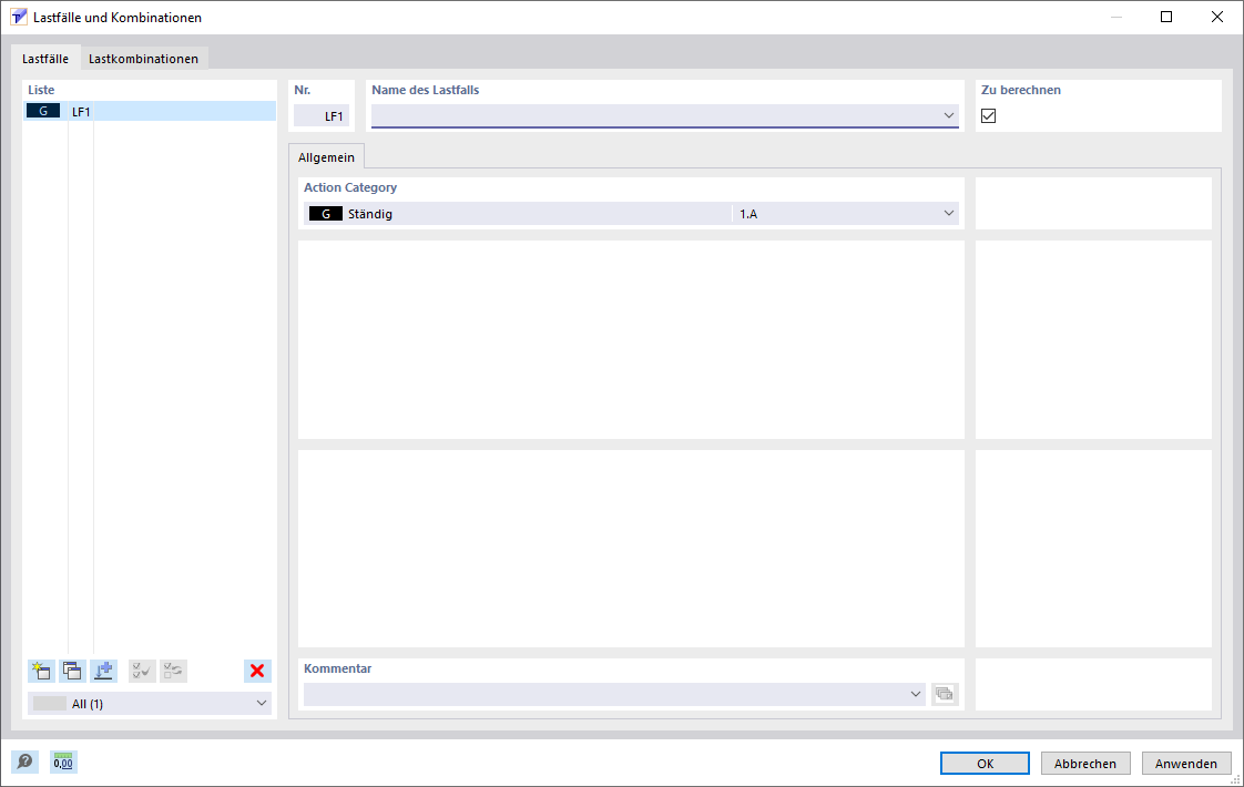 Tab "Load Cases" in Dialog Box "Load Cases and Combinations"