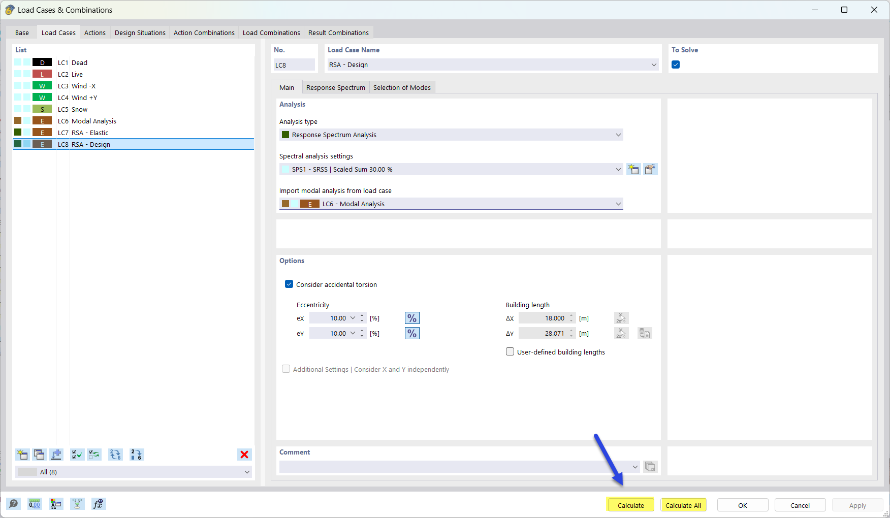 Starting Calculation in Dialog "Load Cases and Combinations"